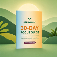 The CappyRoots 30-Day Focus Guide, a digital download, standing against illustrated green hills