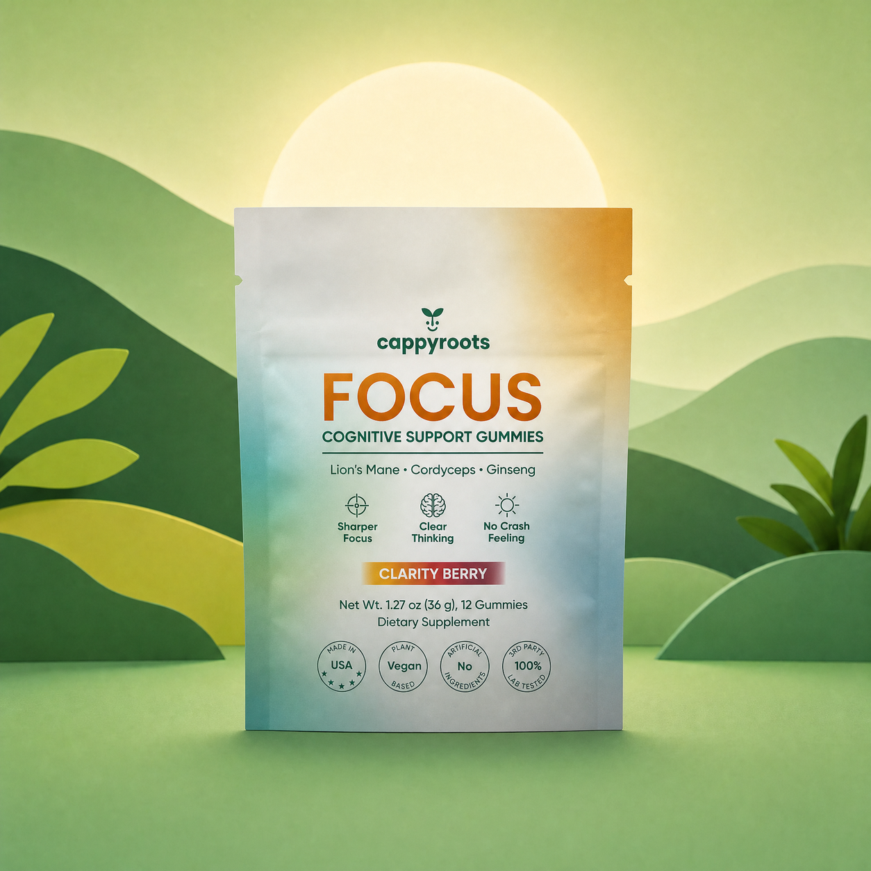 CappyRoots Focus cognitive support gummies pouch, 12 count, Clarity Berry, on a green hillside background