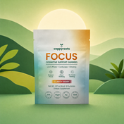 CappyRoots Focus cognitive support gummies pouch, 12 count, Clarity Berry, on a green hillside background