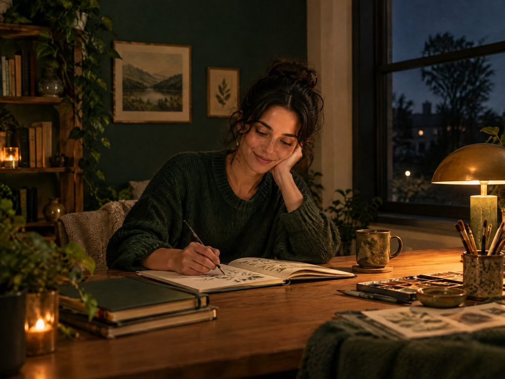 Evening creative desk routine under warm lamp light