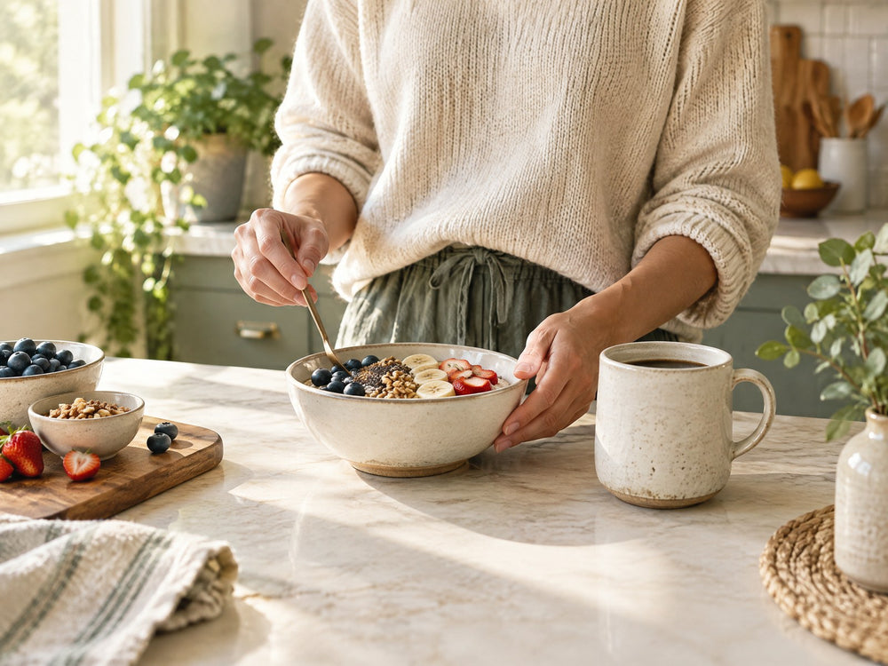 Breakfast and coffee routine in natural morning light