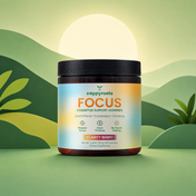 CappyRoots Focus cognitive support gummies jar, 50 count, Clarity Berry, on a green hillside background