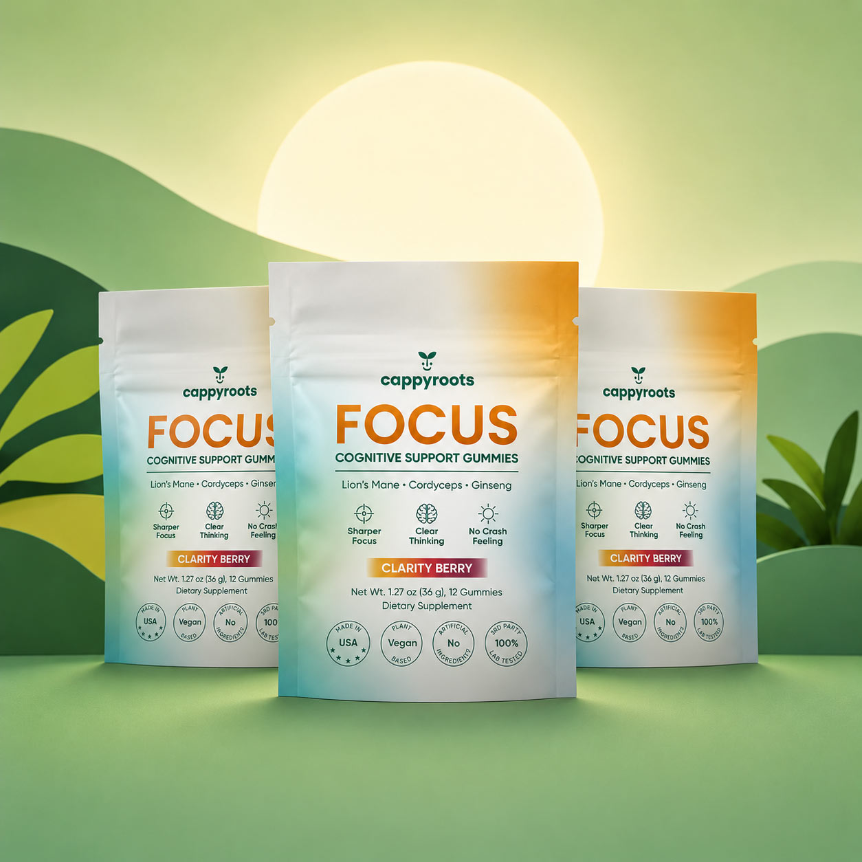 Three CappyRoots Focus 12 Count pouches in Clarity Berry