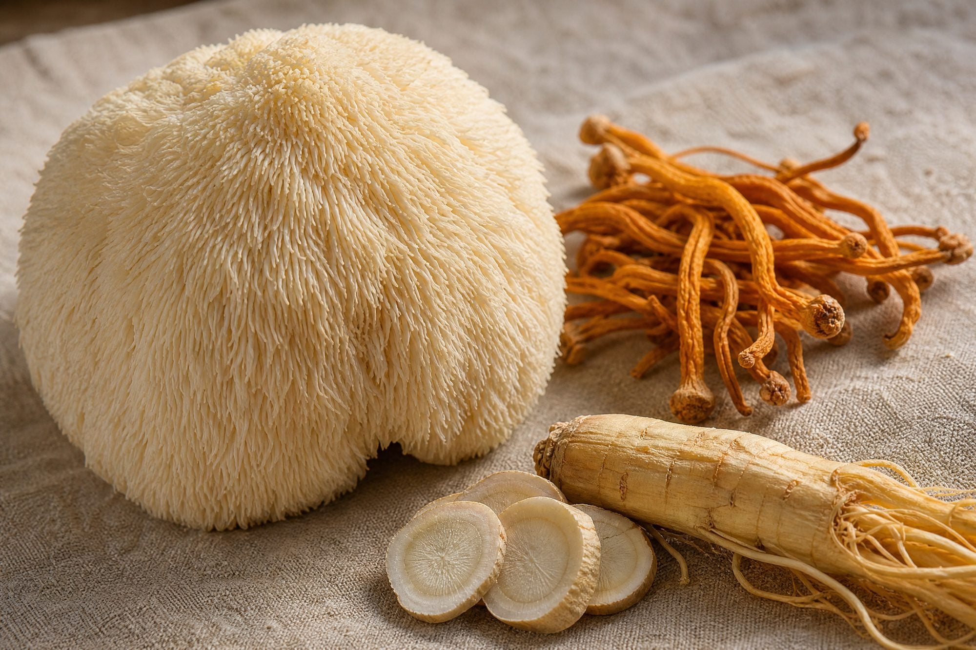 Whole Lion’s Mane mushroom, dried Cordyceps and sliced Ginseng root